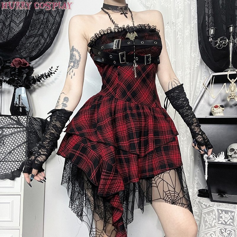 Halloween,Sexy,Halloween red plaid tube top sexy dress